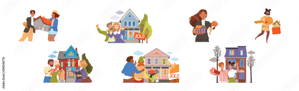 Happy People Character Buying Real Estate and Residential House Vector Set Happy People Character Buying Real Estate and Residential House Vector Set
