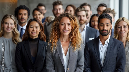 Large diverse group of business professionals smiling at camera image. Colleagues dressed in formal attire photography scene wallpaper. Inclusivity, teamwork concept photorealistic photo