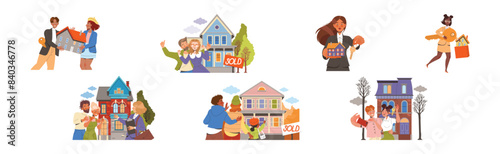 Happy People Character Buying Real Estate and Residential House Vector Set