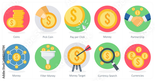 A set of 10 Shopping icons as coins, pick coin, pay per click
