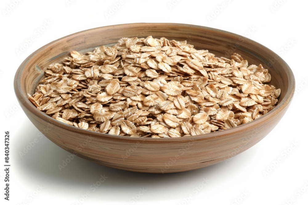 Rolled oats in a wooden bowl, captured in high quality food photography with a rustic and natural presentation Rolled oats in a wooden bowl, captured in high quality food photography with a rustic and natural presentation