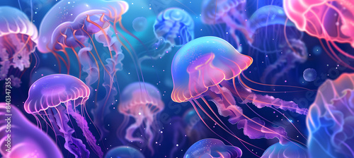 Multiple jellyfish gracefully floating in the ocean photo