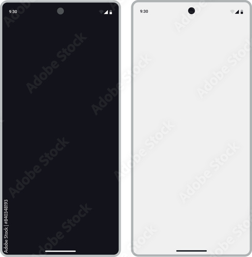 Realistic vector flat mock-up Google Pixel 8a Pro with blank screen mobile smartphone.  Phone front view dark and light UI home lock screen. Device App similar to Samsung apple iPhone Huawei Vivo oppo