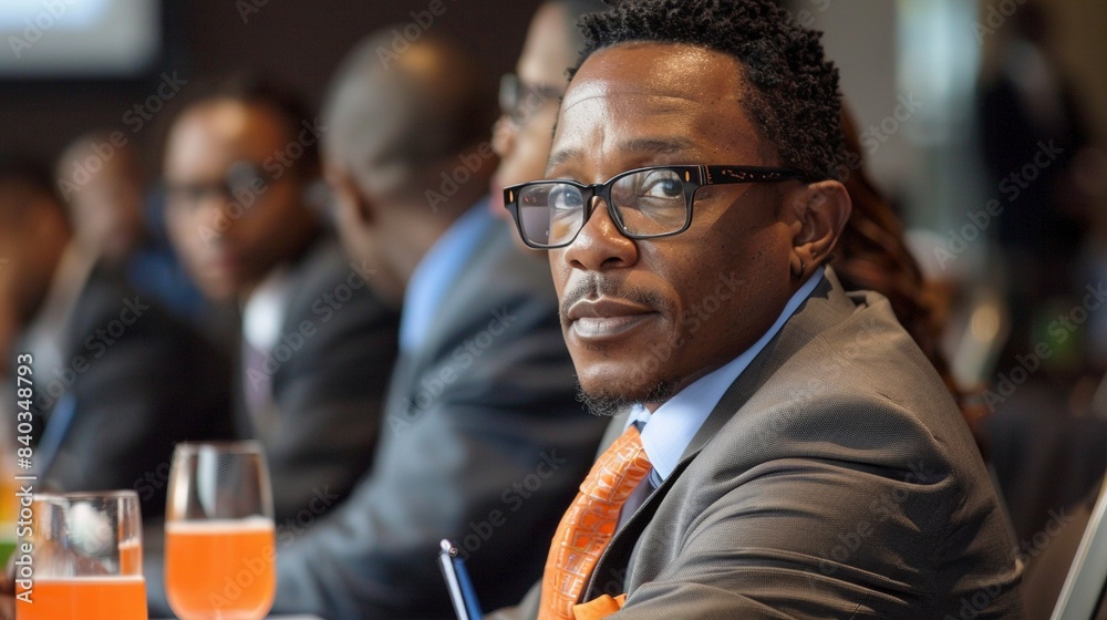 Obraz premium Focused black businessman with glasses at corporate meeting portrait image. Formal meeting participants blurred picture photorealistic photography. Business discussion concept photo