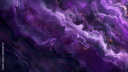 Abstract purple and black marbled background with fluid lines and glittering stars, evoking cosmic and ethereal feelings.