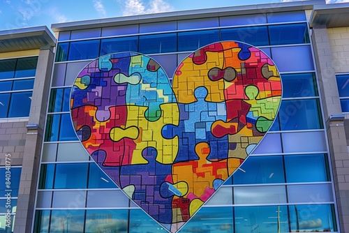 Colorful puzzle heart mural on modern building facade. The image displays vibrant puzzle pieces in a heart shape. It is a perfect visual for concepts of love, unity, and creativity. Generative AI photo