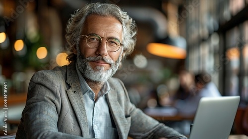 Gray haired older man with glasses sits at cafe table with laptop portrait image. Content, confident businessman picture photorealistic photography. Professional concept photo realistic