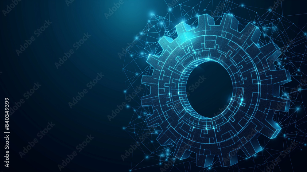 Obraz premium Vector wireframe illustration of a gear on a dark blue background. Mechanical technology machine engineering symbol. Project development, engine work, business plan illustration