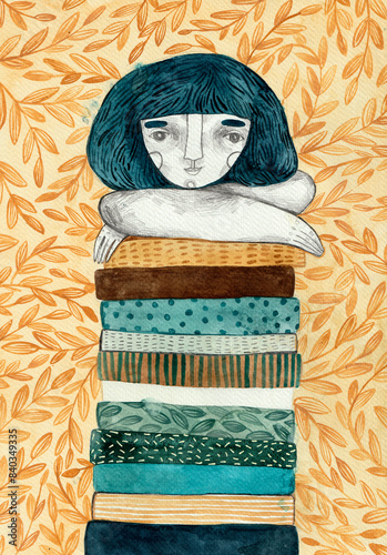 A girl resting her head on a pile of books