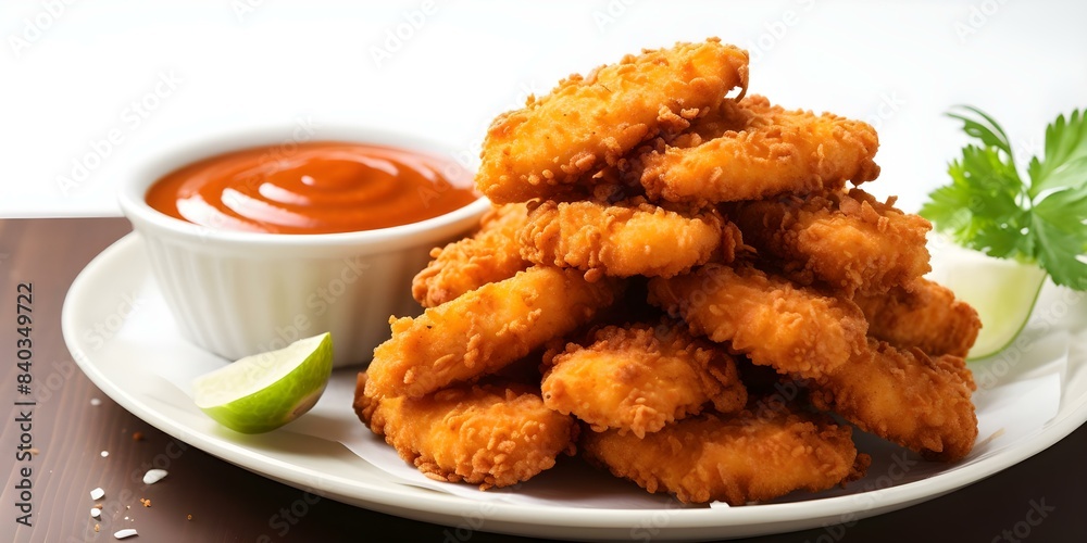 Crispy chicken nuggets with crumbs on white background. Concept Food Photography, Chicken Nuggets, Crispy Texture, Food Styling, White Background Crispy chicken nuggets with crumbs on white background. Concept Food Photography, Chicken Nuggets, Crispy Texture, Food Styling, White Background