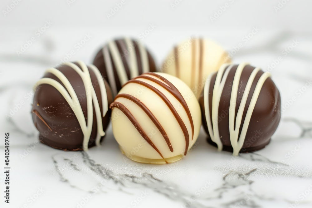Fototapeta premium Assorted gourmet chocolate truffles on a marble surface, captured in high quality food photography with an elegant and luxurious presentation