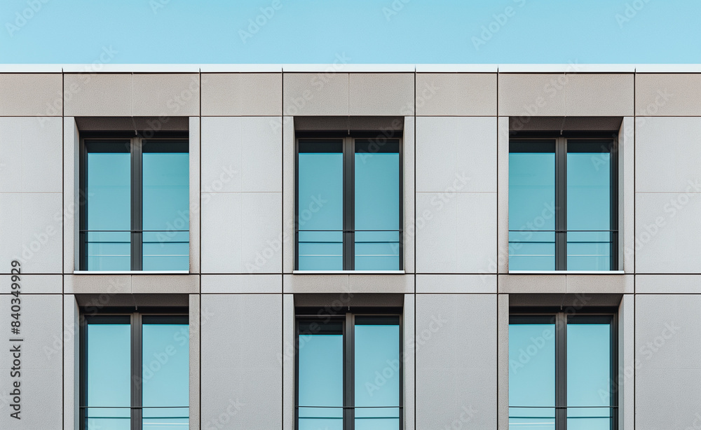 A symmetrical facade of a modern building with evenly spaced windows, showcasing a minimalist architectural design. A symmetrical facade of a modern building with evenly spaced windows, showcasing a minimalist architectural design.