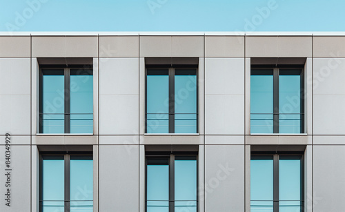 A symmetrical facade of a modern building with evenly spaced windows  showcasing a minimalist architectural design.