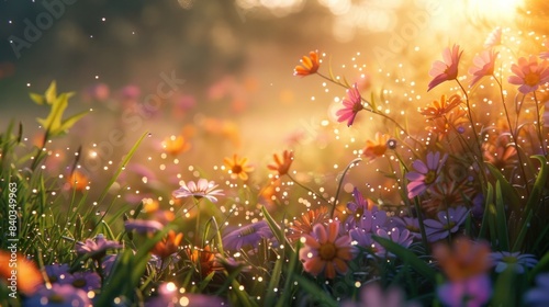 Serene meadow at dawn with sparkling dewdrops on the grass and vibrant wildflowers  The soft golden light and gentle mist create a peaceful