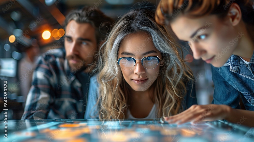 Team collaboration closeup image. Focused professionals working intently on digital touchscreen table close up photography. Collaborative technology and teamwork concept photo realistic Team collaboration closeup image. Focused professionals working intently on digital touchscreen table close up photography. Collaborative technology and teamwork concept photo realistic