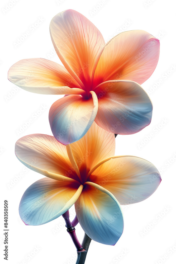 Obraz premium Close-up of two vibrant plumeria flowers with delicate orange and blue petals, creating a striking and colorful floral image.