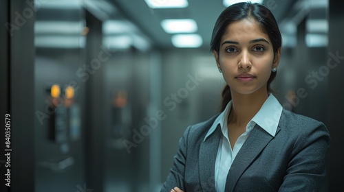 Wallpaper Mural Confident young indian woman stands in modern elevator lobby portrait image. South asian female business attire picture photorealistic. Professionalism concept photo realistic Torontodigital.ca