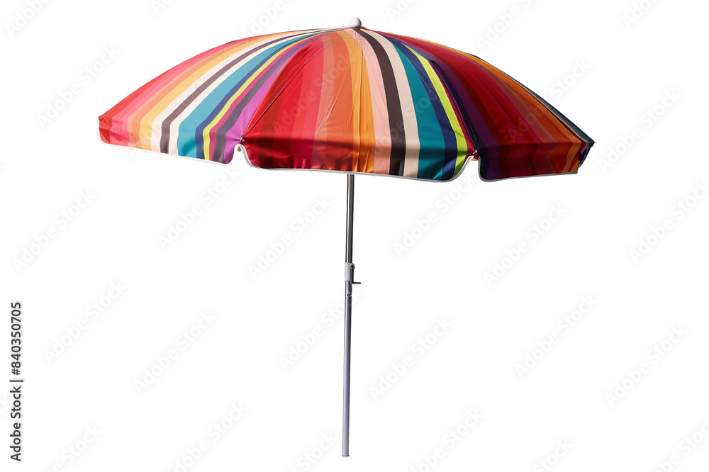 Colorful striped beach umbrella isolated on white background. Ideal for summer, beach, vacation, and outdoor relaxation themes. Colorful striped beach umbrella isolated on white background. Ideal for summer, beach, vacation, and outdoor relaxation themes.
