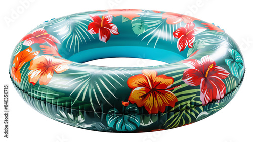 Colorful inflatable swim ring with a vibrant tropical floral pattern, perfect for summer pool or beach fun.
