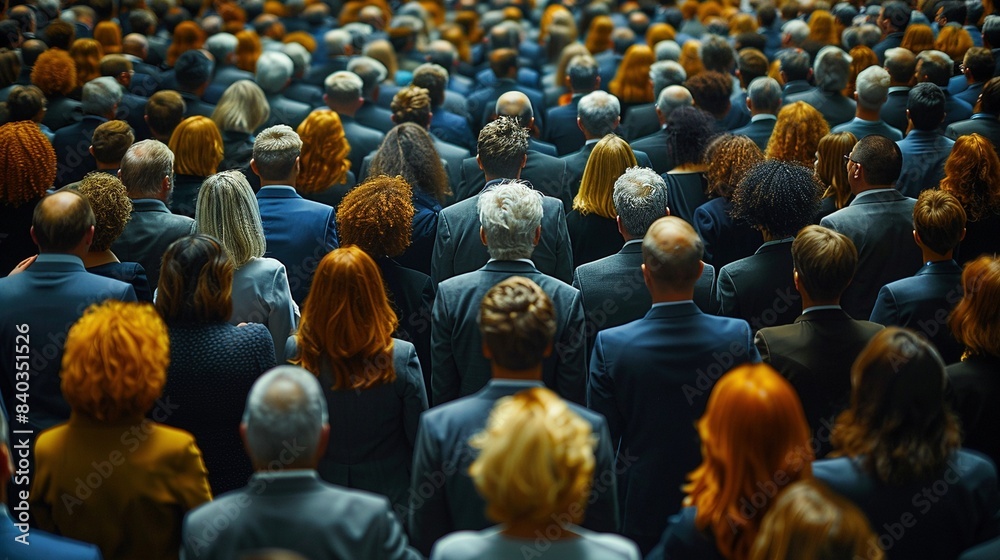 Obraz premium Large crowd of professionals, all facing forward image. Businesspeople dressed in formal business attire photography scene wallpaper. Corporate diversity concept photorealistic photo