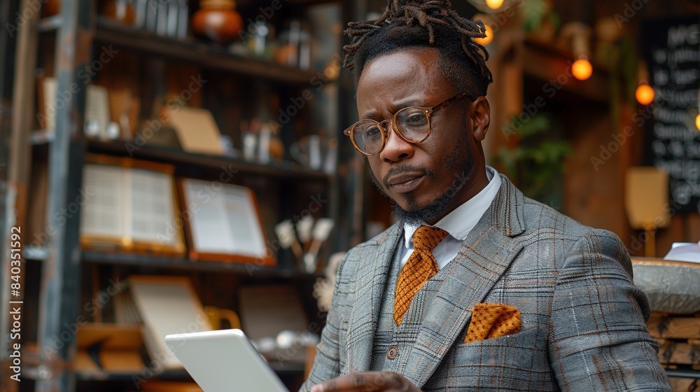 Black businessman in stylish suit, focused on tablet portrait image. Vintage books decor picture photorealistic photography. Modern technology with classic style concept photo realistic Black businessman in stylish suit, focused on tablet portrait image. Vintage books decor picture photorealistic photography. Modern technology with classic style concept photo realistic
