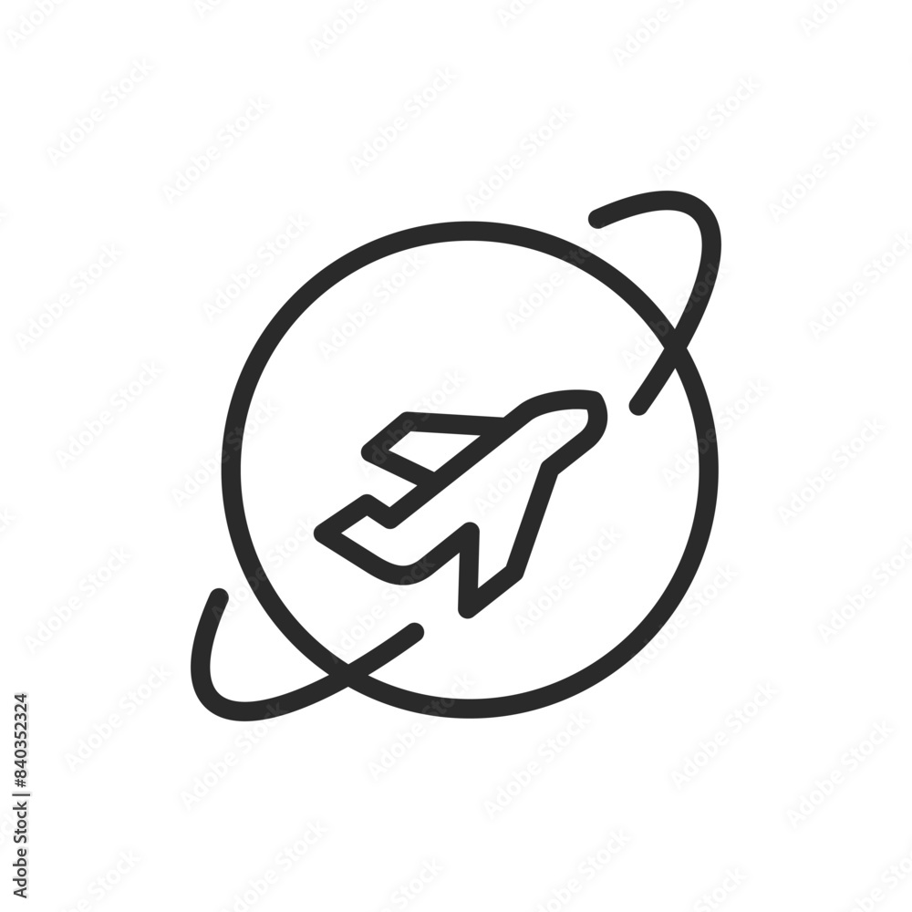 Airplane flying around planet, linear style icon. Air travel. Editable stroke width Airplane flying around planet, linear style icon. Air travel. Editable stroke width