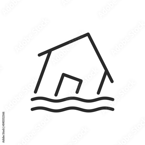 Flooded house, linear style icon. House submerged in water, flood or water damage. Editable stroke width.
