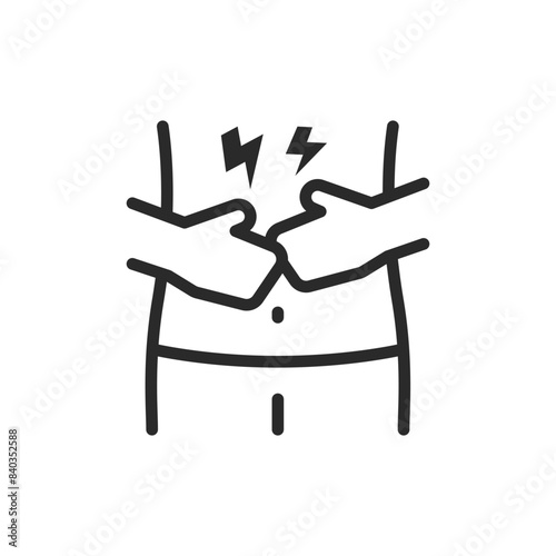 Stomach pain, linear style icon. Person holding stomach, sharp pain. Symptoms include cramps and nausea. Editable stroke width