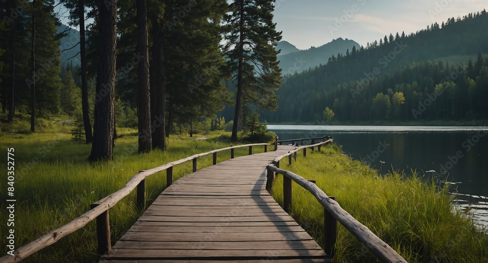 Naklejka premium path near lake landscape banner copyspace background