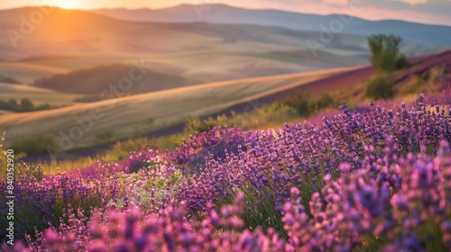 Image description  A field of lavender in bloom with rolling hills in the background. The sun is setting and the sky is a warm  golden orange.