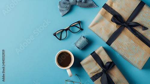Gift Set on Blue. Top view of a neat gift arrangement with two wrapped presents, eyeglasses, a coffee cup, and a rolled tie on a elegant blue background. Ideal for gifting and celebration themes. photo