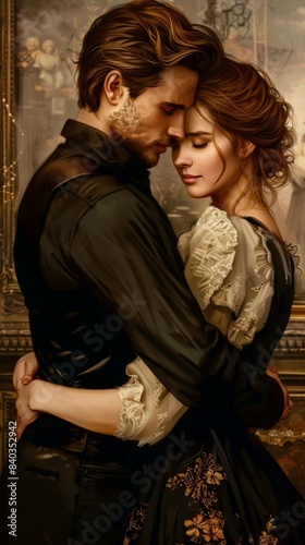 Romantic Victorian Couple Embracing in Elegant Period Attire