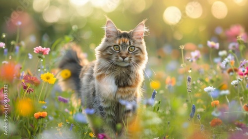 A longhaired cat with green eyes stands in a field of wildflowers, with the sun shining in the background. © Emiliia