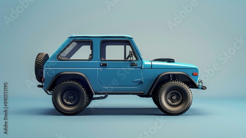 A blue retro off-road vehicle with a white roof is shown in profile on a blue background.