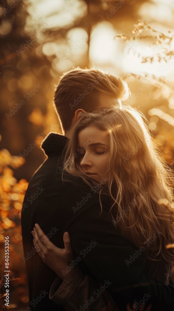 Autumn Embrace: Romantic Couple Enjoying Golden Hour in Fall Forest