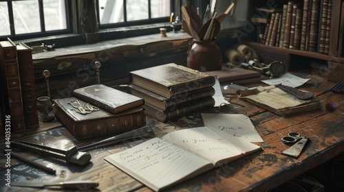 Artisanal Bookbinding Handcrafted Leatherbound Books Business Cards and Tools in Traditional Studio Setting Vintage Craftsmanship and Creativity