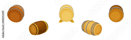 Wooden Barrel or Cask for Brewing Alcohol Vector Set
