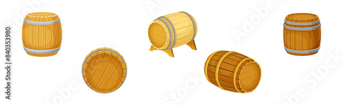 Wooden Barrel or Cask for Brewing Alcohol Vector Set