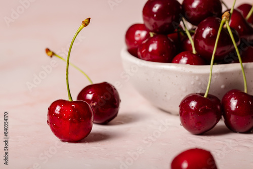 Fresh handpicked cherries on the table photo