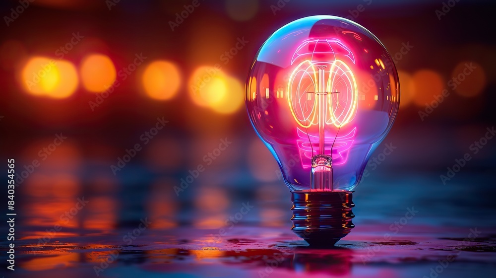 the generic smart modern bulb icon has neon and glowing details in.stock photo