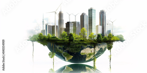 A digital rendering of a futuristic city situated on a floating island. The city features modern skyscrapers and a lush green environment, symbolizing advanced technology and ecological balance.