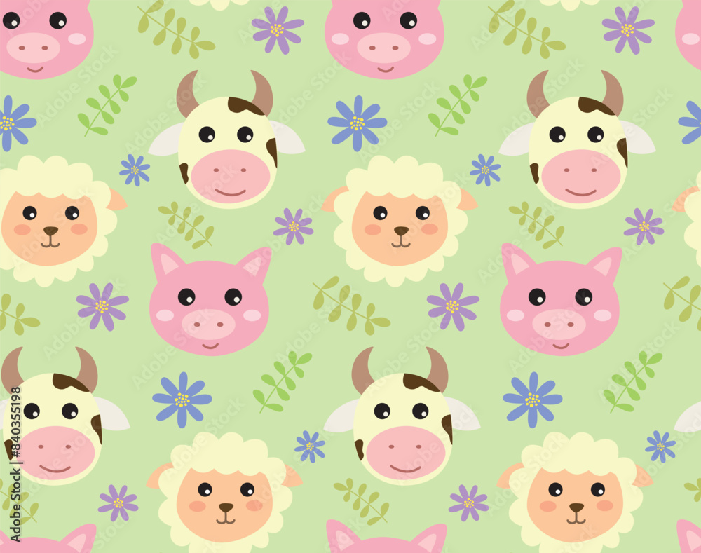 Seamless pattern with cute face domestic animals. Vector colorful background with cartoon characters, flowers and leaves. Seamless pattern with cute face domestic animals. Vector colorful background with cartoon characters, flowers and leaves.