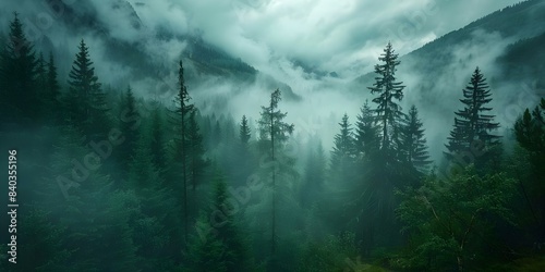 Moody forest with dark fog mountain fir trees and dreamy weather. Concept Moody Forest  Dark Fog  Mountain Landscape  Dreamy Weather  Nature Photography