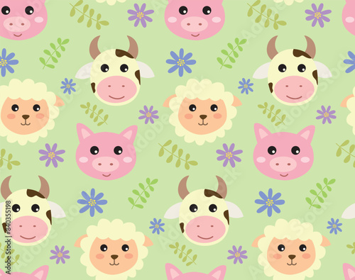 Seamless pattern with cute face domestic animals. Vector colorful background with cartoon characters, flowers and leaves.	