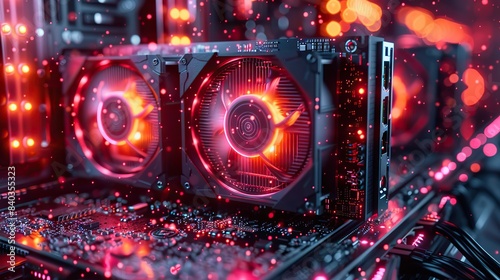 gaming pc or crypto mining rig with fast high fps graphics card or board setup as wide banner commercial with copyspace.image illustration
