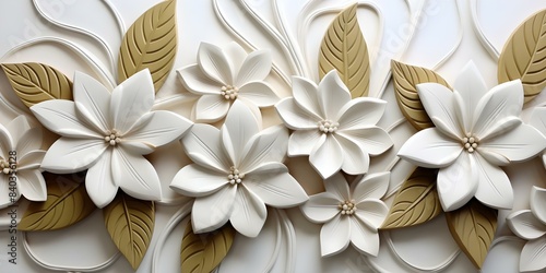 Fototapeta Naklejka Na Ścianę i Meble -  3D white floral leaf tiles wall background with geometric design. Concept Geometric Design, 3D Tiles, White Floral, Wall Background