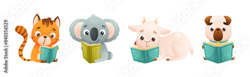 Cute Animal Character Reading Book Enjoying Interesting Story Vector Set