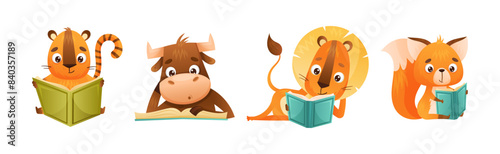 Cute Animal Character Reading Book Enjoying Interesting Story Vector Set