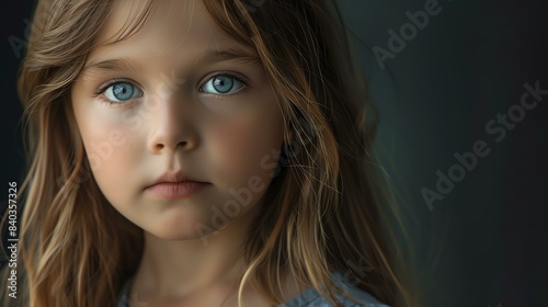 Little girl with big blue eyes looking at the camera with a serious expression. She has long blond hair and a pale complexion.