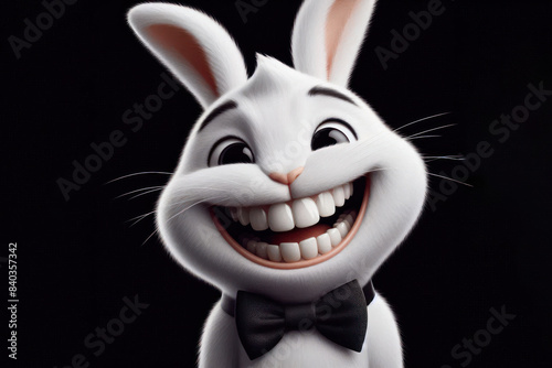 funny big teeth smiling white rabbit with a black bow tie on his neck Isolated photo